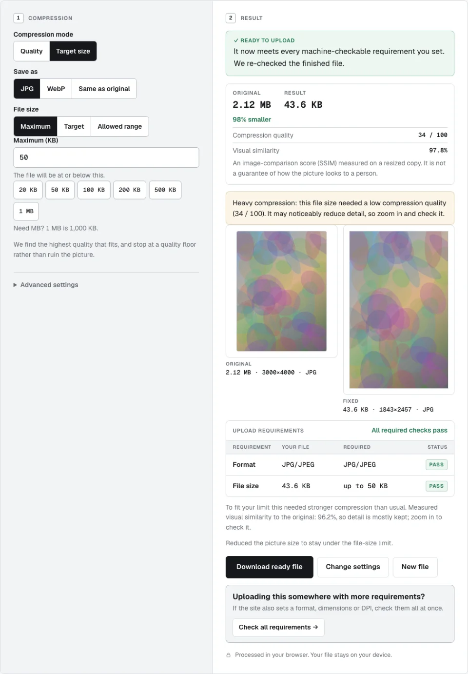 Compress Image in Target size mode with a 50 KB maximum, showing 2.12 MB reduced to 43.6 KB at compression quality 34 out of 100 and visual similarity 97.8 percent, 3000 by 4000 reduced to 1843 by 2457 pixels, with a heavy-compression warning and the requirements table showing PASS