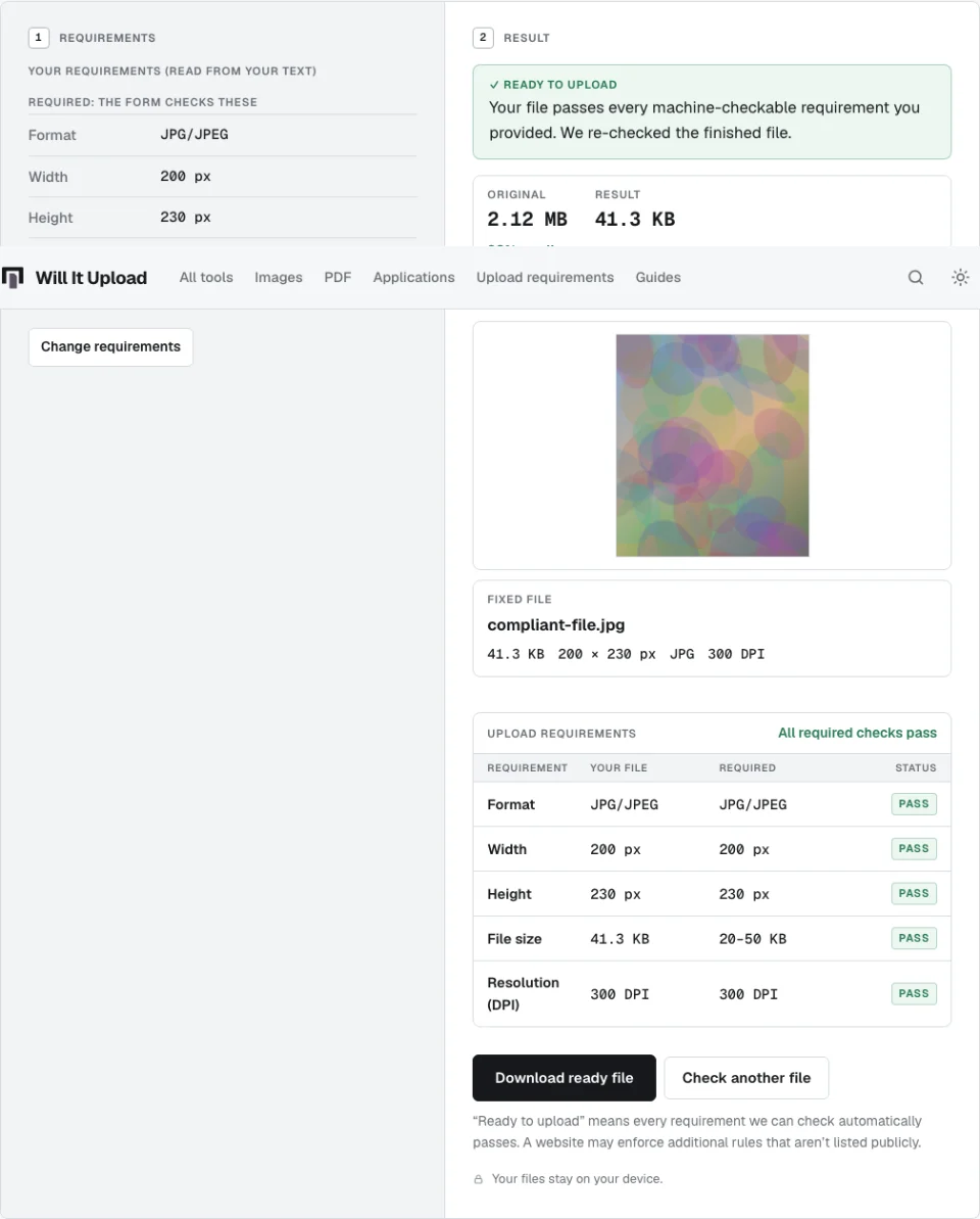 Fix Upload File showing READY TO UPLOAD: the 2.12 MB test image is now 41.3 KB, 200 by 230 pixels, JPG at 300 DPI, with every required check passing