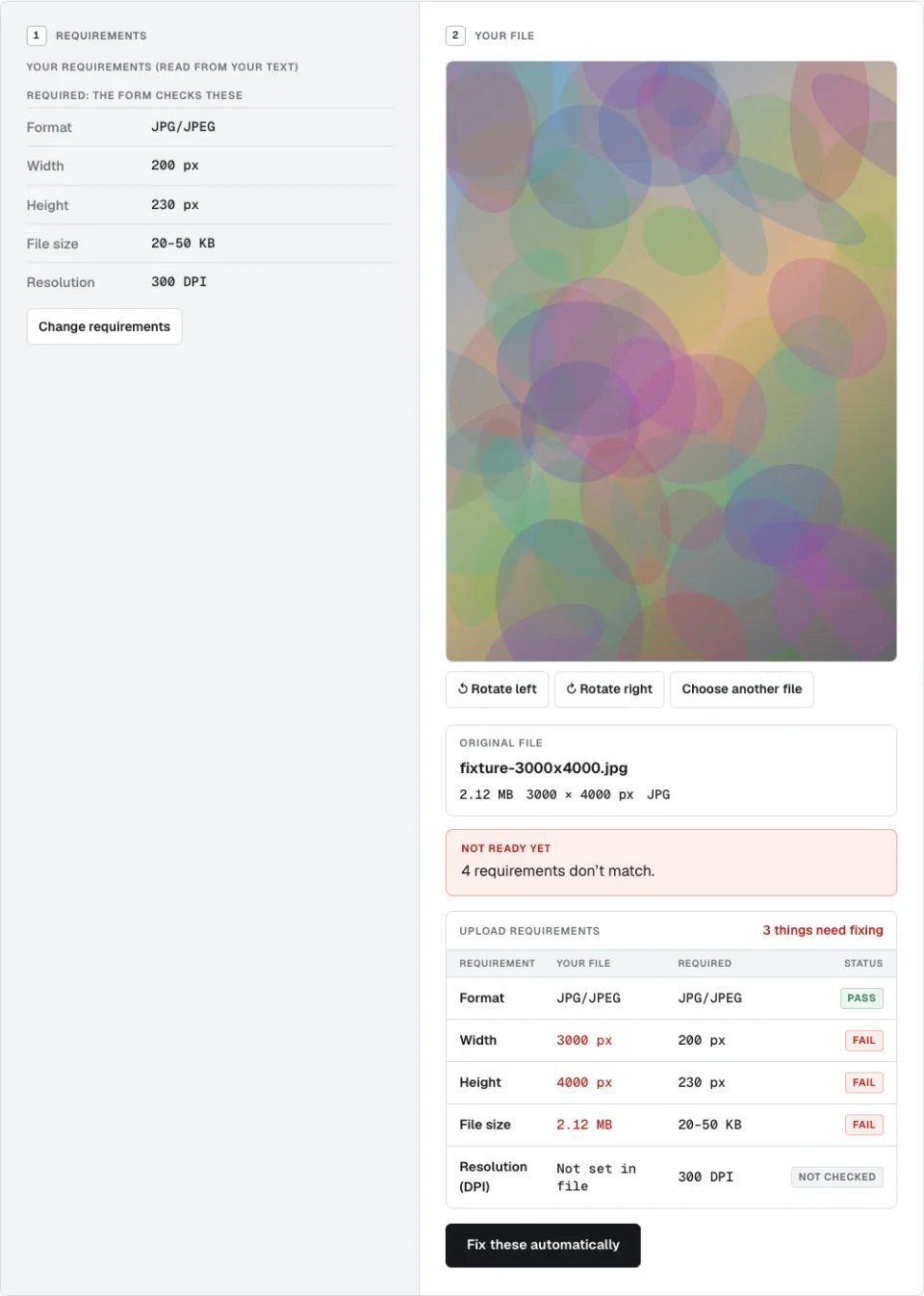 The Image Requirement Checker showing a 3000 by 4000 pixel, 2.12 MB JPG against the rules JPG only, 200 by 230 pixels, 20 to 50 KB, 300 DPI: format passes, width, height and file size fail, resolution is not set in the file